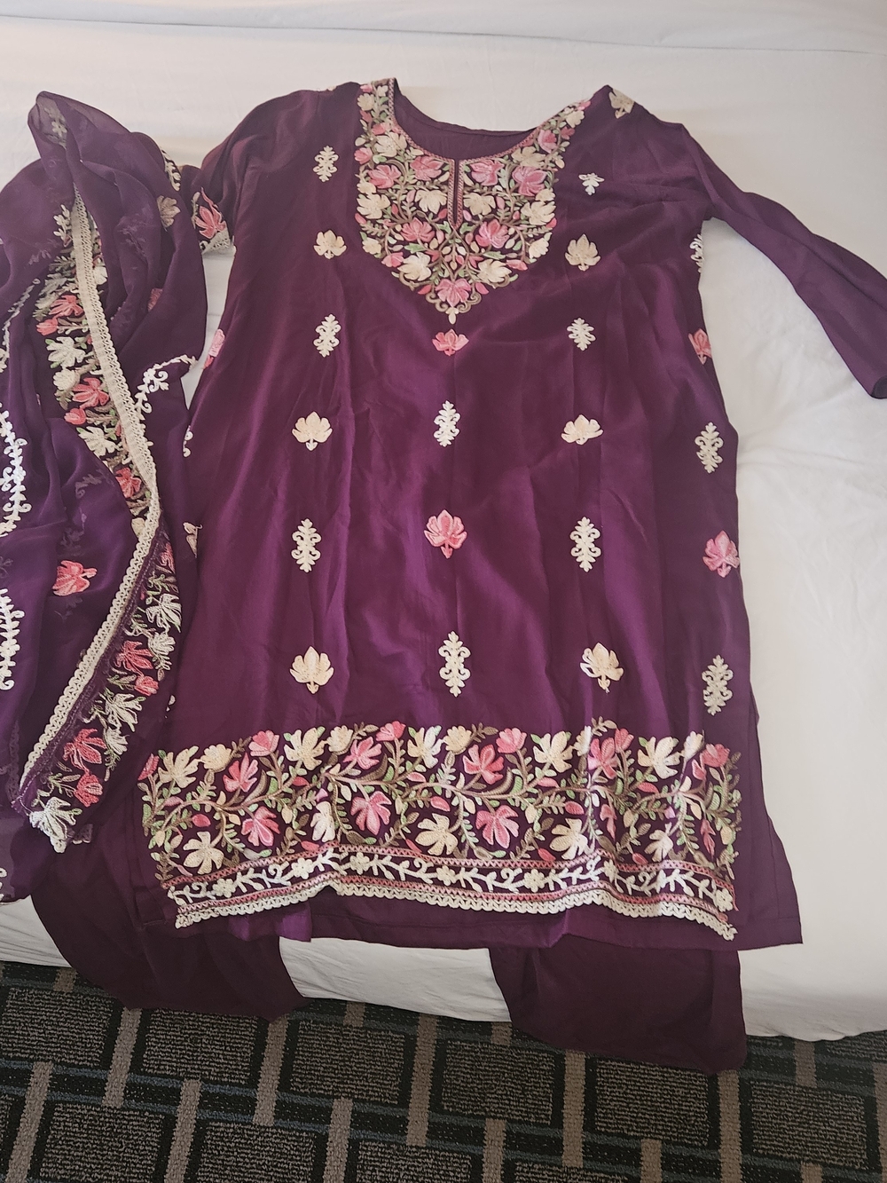 Embroidered Plum Kurta, salwar Set with Pink & Cream Floral Accents